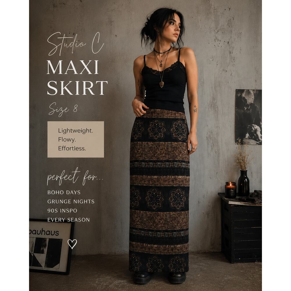 Vintage Wrap Maxi Skirt Size 8 Black Brown Medallion Print Dark Boho Grunge 90s